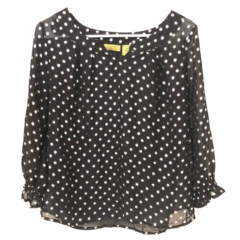 2/$30 Valerie Stevens - Black Silver Polka Dot Long Sleeve Blouse M